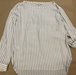 Ann Taylor Loft Sheer Blouse Red Blue Striped medium business casual lightweight - Picture 1 of 9