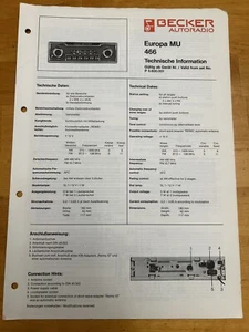 Becker Autoradio Europa MU 466 Informazioni Tecniche n. P5600001 Vintage - Foto 1 di 4
