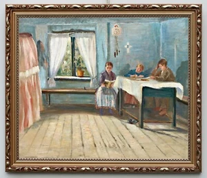 Escena de género en la sala de estar, pintura antigua al óleo sobre lienzo, familia - Imagen 1 de 3