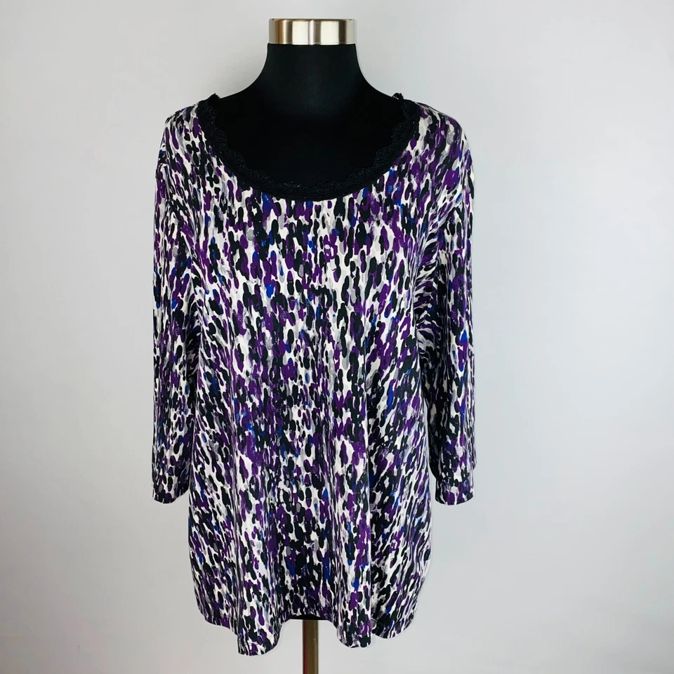 Laura Ashley Womens Plus 2X Purple Black Lace Accented Animal Print Top  - Image 1 of 4
