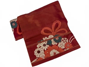 VTG Rusty Red Brocade Nagoya Obi in Chrysanthemum Floral Design: Mar21-D - Picture 1 of 5