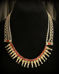 Jessica Simpson Signed Dark Red & Topaz Crystal Stone Gold Chain Toggle Necklace - Picture 1 of 10