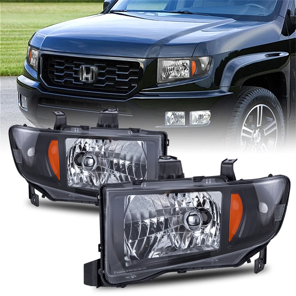 Driver & Passenger Black Headlights For Honda Ridgeline 2006-2014 Halogen Lamps Foto 1 de 4