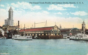 SEATTLE WA GRAND TRUNK PACIFIC AND COLMAN DOCKS c1910 CARTOLINA D'EPOCA 090124 T - Foto 1 di 2