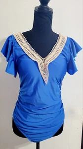 Badeanzug Damen groß blau Einteiler mit Häkelbesatz  - Bild 1 von 5