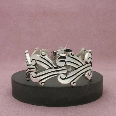 taxco mexico sterling silver vintage chunky scrolled link bracelet size 7in - Image 1 of 3