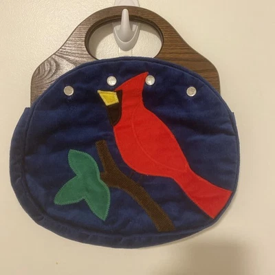 Vintage Wood handle clutch purse Red Cardinal Bird Blue Corduroy Interchangeable - Image 1 of 4