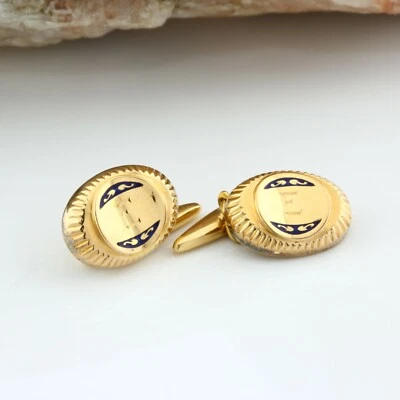 Gemelos vintage con monograma "E" de oro amarillo de 14 quilates esmalte azul circa 1940 Foto 1 de 4