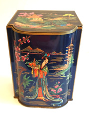 Tea Tin Hinged Lid Made in England Asian Chinoiserie Cherry Blossoms Geisha Blue
