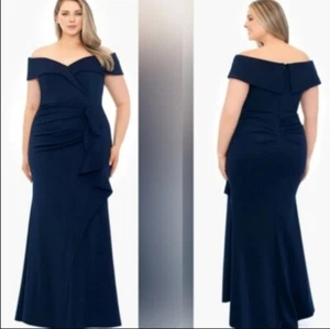 XSCAPE Patti Vestido de Noche Tejido con Volantes Fuera del Hombro Azul Marino Talla 16 NUEVO - Imagen 1 de 16
