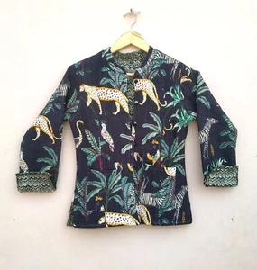 Indian Handmade Black Jungle Printed Cotton Quilted Jacket Women's Clothing US - Picture 1 of 3