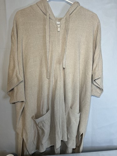 OFF WHITE Felpa con cappuccio Barefoot Dreams cover up L XL accogliente chic ultra leggera maglia marrone crema zip