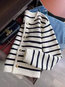 Striped Knitted Cardigans Spring Autumn O-neck Single Breasted Long Sleeve Crop - Picture 1 of 4