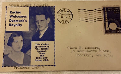 Crown Prince Frederik & Princess Ingrid (Denmark)  Apr 12, 1939 Racine, WI (FDC) - Image 1 of 4