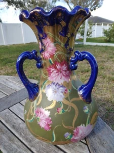 Antique Royal Nippon Rose Three Handled Urn Vase Cobalt Gold Moriage Porcelain - Picture 1 of 20