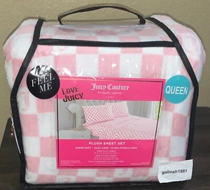 Juicy Couture 4pc QUEEN Plush Sheet Set Pink/White Checked J Monograms Soft&Cozy - Picture 1 of 5