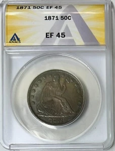1871 P Seated Liberty Half Dollar 50C ANACS EF45 - Extremely Fine, XF45 - Picture 1 of 4