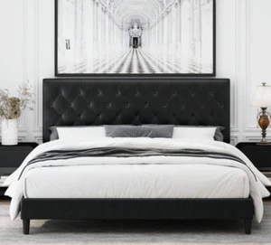 Faux Leather Bed Frame Full/Queen/King w/ Tufted Headboard, White & Black - Picture 1 of 12