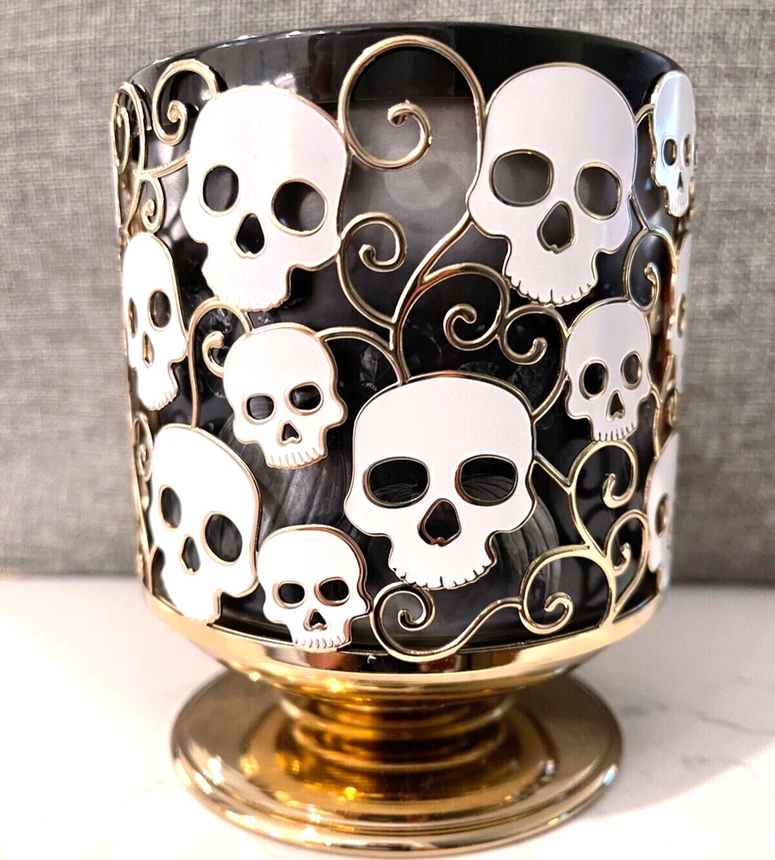 Bath & Body Works 2021 Halloween White Skulls Gold Pedestal 3-wick Candle Holder