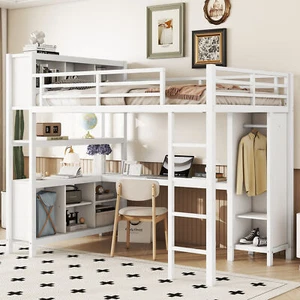 Metal Full Size Loft Bed W/ Wardrobe /L-Shaped Desk/Shelves for Kids Teens White - Picture 1 of 15
