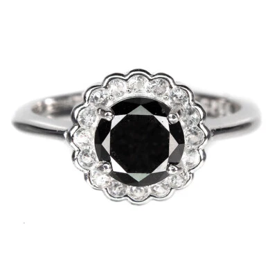 925 Anello Argento Sterling Rotondo Brillante Nero Diamante 1.42ct 7mm Topazio - Immagine 1 di 4
