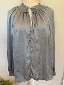 LUCKY BRAND Womens Size Large Gray Satin Long Sleeve Tie Neck Peasant Top - Picture 1 of 5