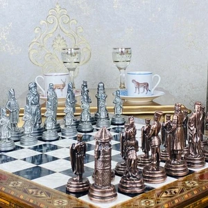 Chess Set Medieval Antique Crusaders Chessmen Handmade Inlaid Solid Chess Board - Picture 1 of 9