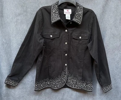 Black jean jacket rhinestone Crystal Mob Wife Medium Bejeweled Embellished - Image 1 of 4