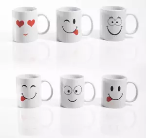 6x Mug Set Funny Face Ceramic Cups Tea Coffee Emoji Kitchen Gift Drinking White - Picture 1 of 24