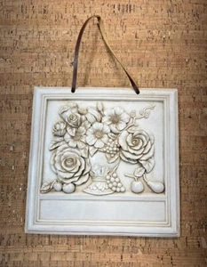 Floral Ceramic Tile 3D Wall Plaque Ivory Farmhouse Cottage Boho Decor Leather - Picture 1 of 15