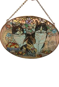 Vintage Oval Stained Glass Style Suncatcher Kittens Cats 10x7.5" - Picture 1 of 6