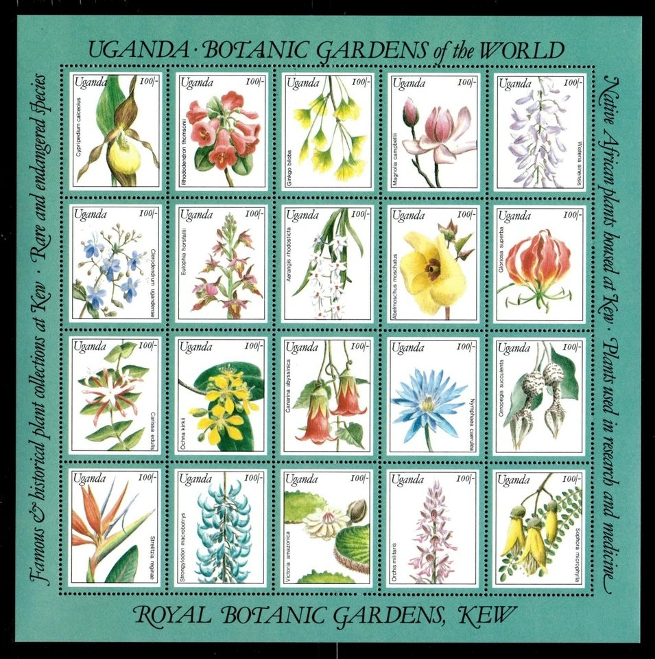 Uganda 1991 - BOTANICAL GARDENS Flowers - Sheet of 20 Stamps Scott #954 - MNH - Image 1 of 1