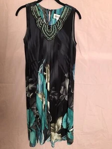 Studio I Shift Sheath Dress Women's Size 10 Black Floral Pleated Beaded Neck - Picture 1 of 5