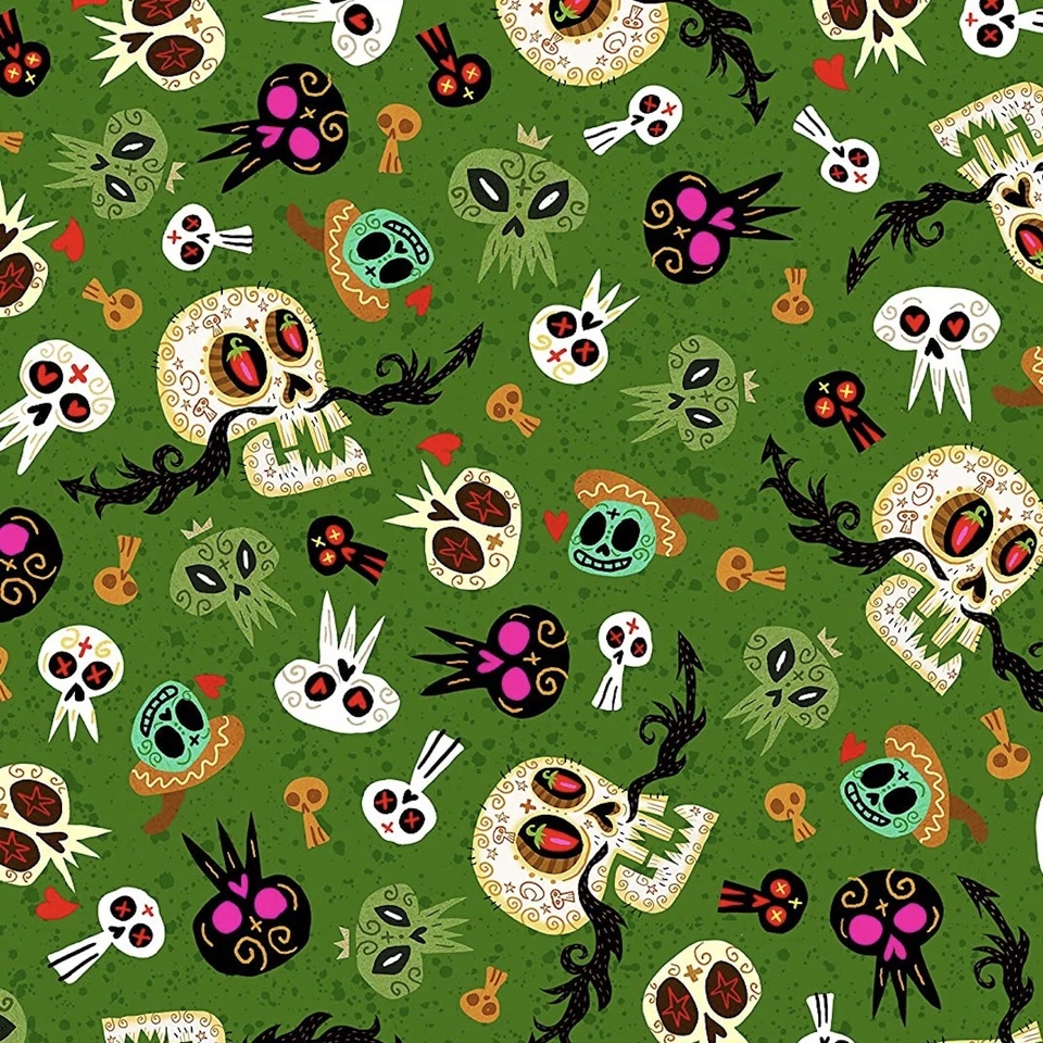 Hot Tamale Dead Skulls Green 100% Cotton Fabric by The Yard - Image 1 of 1