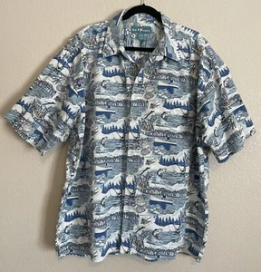 Vintage Big Dogs Mens Hawaiian Blue Short Sleeve Button Up Shirt 2X Dog Fishing - Picture 1 of 18