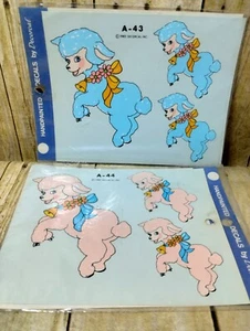 2 Vtg Decorcal Hand Painted Decals Pink & Blue Lambs w/ Bell Ribbon Flowers A-44 - Picture 1 of 4