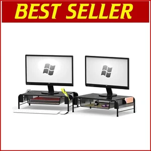 Metal Desk Monitor Riser with Organizer Drawer - Ergonomic Black Stand (2-Pack) - Picture 1 of 9