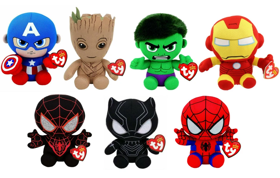 TY MARVEL COMICS BEANIE BABIES PLUSH SOFT TOY SPIDER MAN HULK IRON MAN GROOT - Image 1 of 1