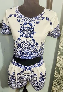 Women’s White Blue Shorts Set Size Small Coordinating White Blue Fine China - Picture 1 of 3