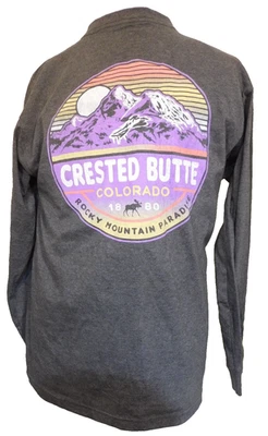 Crested Butte Colorado T 恤长袖 36 英寸胸部 Md 滑雪度假村美国印花 gry — 第 1/4 张图片