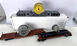 Lot (3) American Flyer S Gauge Depressed Flat Cars w/ Wire Spools & Searchlight - Picture 1 of 10