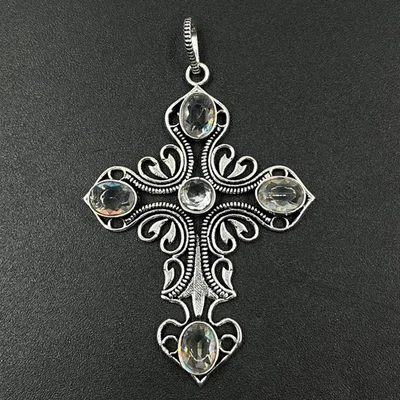 Colgante Cruz Joyería Piedras Preciosas Topacio Blanco Plata de Ley 925 Foto 1 de 4