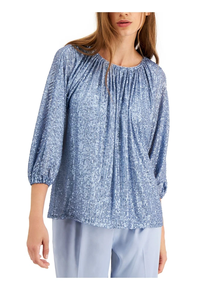 Alfani Women's Sequined Ruched Faded Blue Neck Top Size Small
