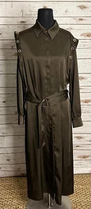 Zara olivgrün Satin Ösen Detail Gürtel Ring Trim Maxi Shirtkleid Gr. M - Bild 1 von 13