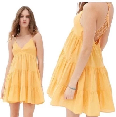 Urban Outfitters UO Yellow Cotton fieldstone tiered mini dress V Neck size S - Image 1 of 4