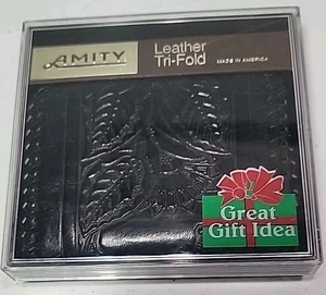 Portafoglio vintage Amity uomo pelle di mucca nera tri-fold portafogli USA NUOVO CON SCATOLA - Foto 1 di 4