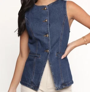 Medium Sincerely Jules Blue Denim Vest Gold Buttons Princess Seams NWT - Picture 1 of 11
