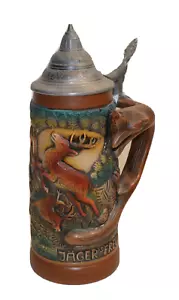 Original King Western Germany Hunter Wildlife lidded beer stein w 3D Fox handle - Picture 1 of 6
