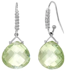 14K. GOLD FISH HOOK EARRINGS DIAMONDS & GREEN AMETHYST (White Gold) - Picture 1 of 4