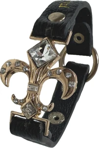 Rock Revival Leather Cuff Bracelet Fleur De Lis Rhinestone Gold Tone Snap Rare - Picture 1 of 6